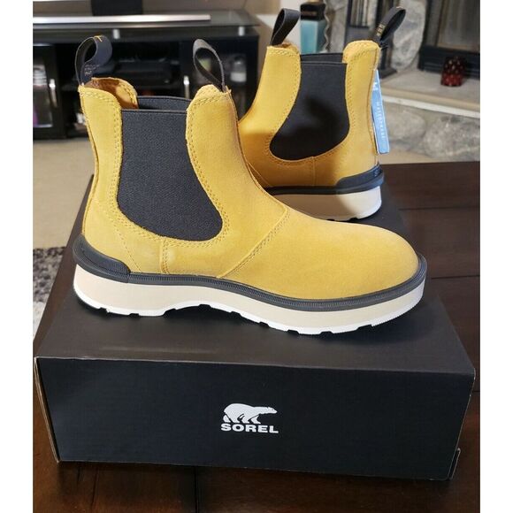 Women's Sorel Hi-Line Chelsea Leather Boots Size 8 Geo Yellow Slip On - Picture 4 of 6